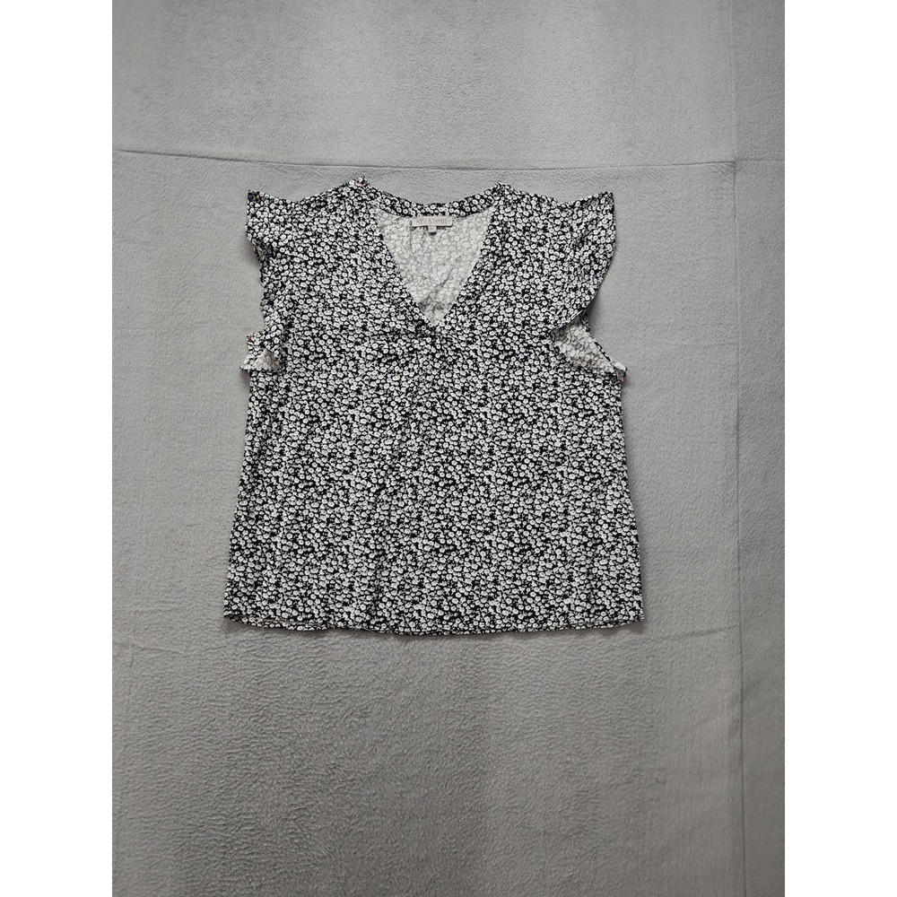 Rose & Thyme Women Blouse Top L Black Floral 100% Rayon V Neck Short Sleeve Boho